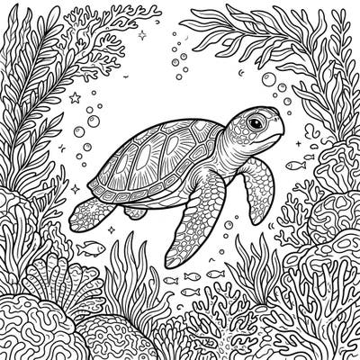 Embark on an underwater journey with our detailed Olive Ridley Sea Turtle coloring page, perfect for all ages. This intricate design features a graceful turtle surrounded by vibrant marine life elements, waiting for your creative touch.