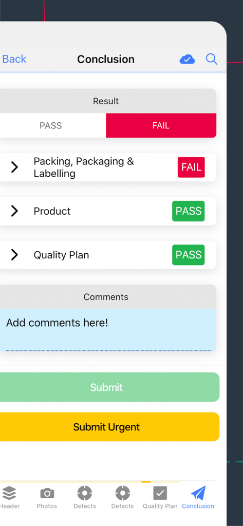 Pivot88 - Pivot88 mobile app screen showing quality inspection results with pass and fail status and submit buttons