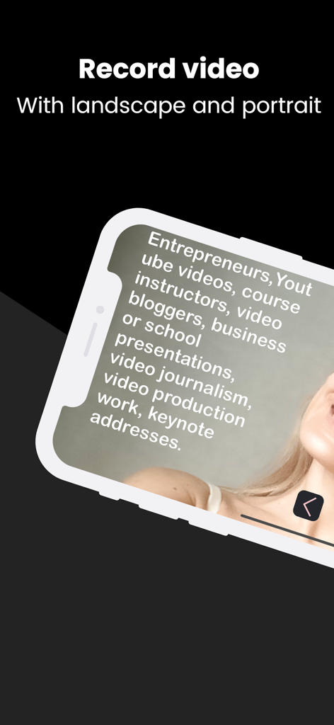 Teleprompter with Video - Interfaz de la aplicación Teleprompter que muestra la grabación de video con una superposición de guion de texto para creadores