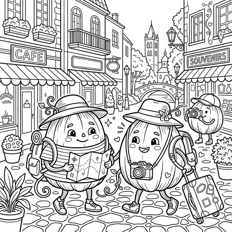 Embark on a delightful journey with these charming giant pumpkins as they explore a picturesque city on their grand vacation. This intricate coloring page invites you to bring their travel adventures to life with your favorite colors.