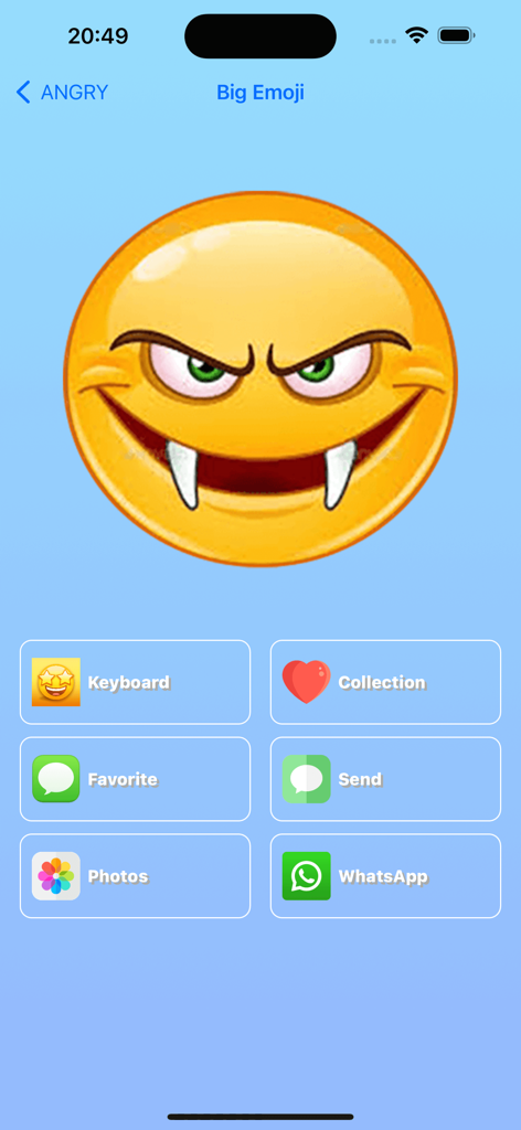 StickerMaker Keyboard app interface displaying a large custom angry vampire emoji with sharing options for WhatsApp and iMessage