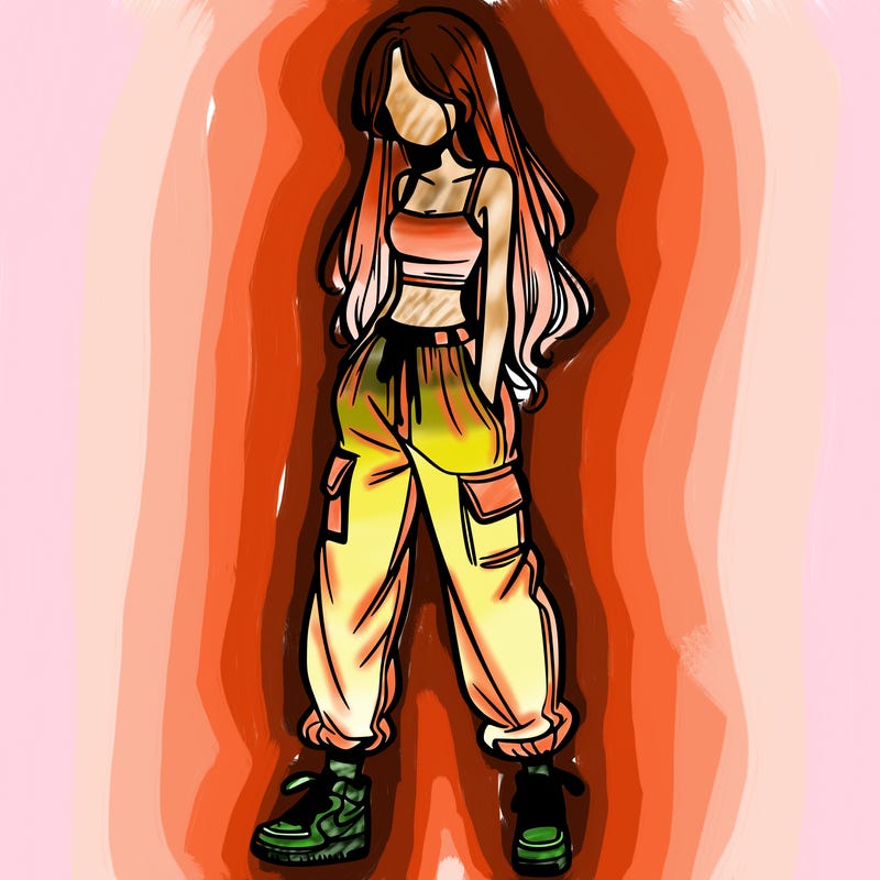 girl in baggy pants crop top and long hair