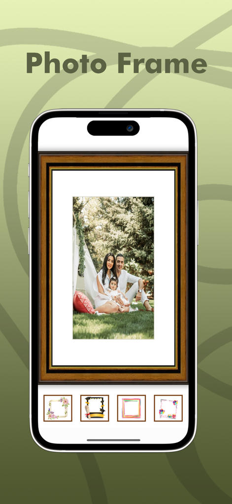 Pixel Lab mobile app screen showing a family portrait in a wooden frame.