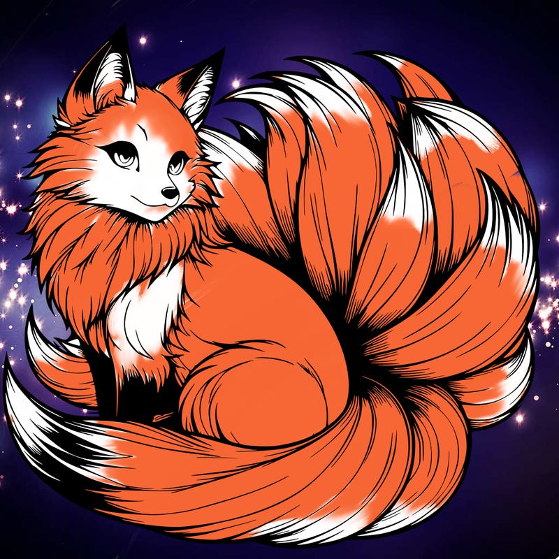 realistic detailed 9 tailed anime fox
