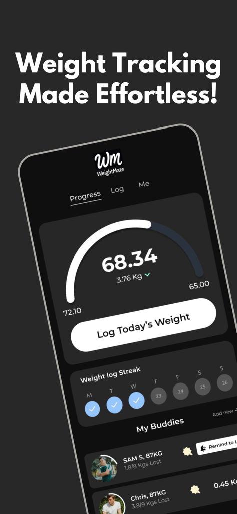 BMI Calculator - WeightMate - WeightMate mobile app interface showing a weight progress gauge daily logging streak and a buddy list for social accountability.