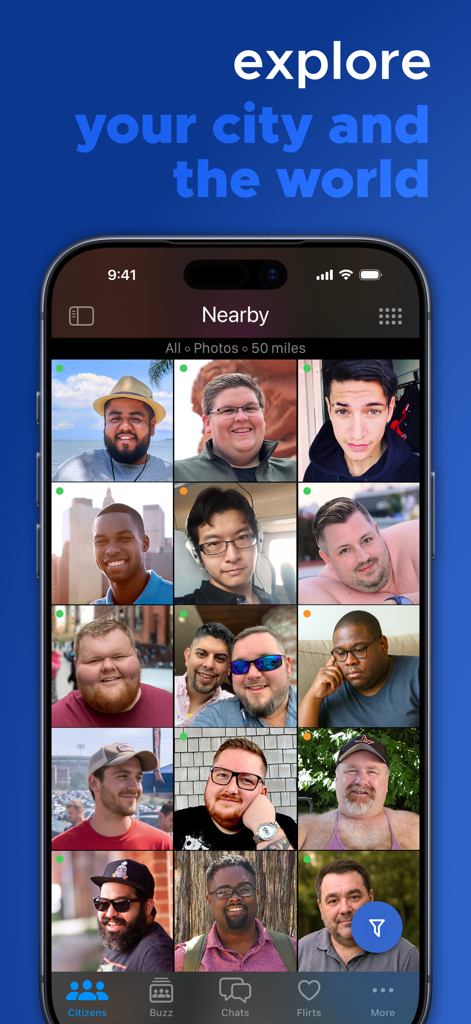 BiggerCity app interface showing a grid of profile photos for gay men in the bear and chub community