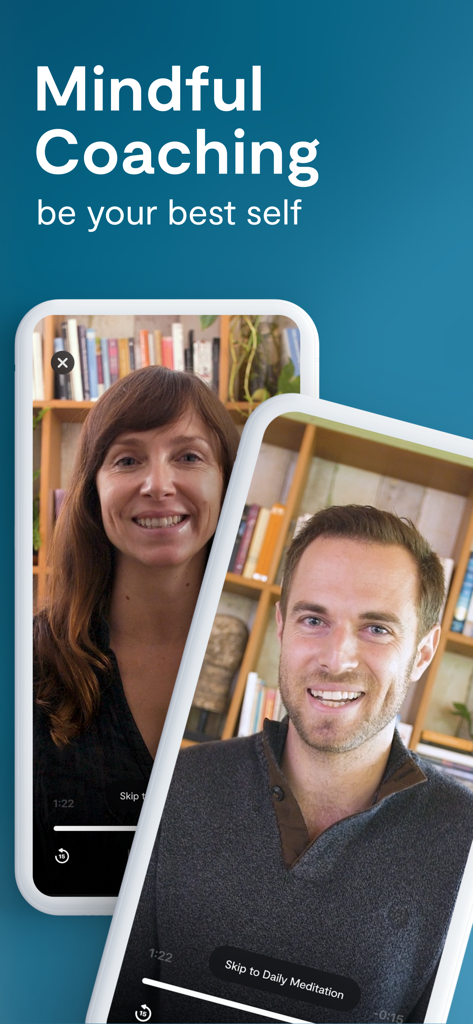 Dos teléfonos inteligentes que muestran sesiones de coaching de mindfulness basadas en video de la aplicación Mindfulness.com.