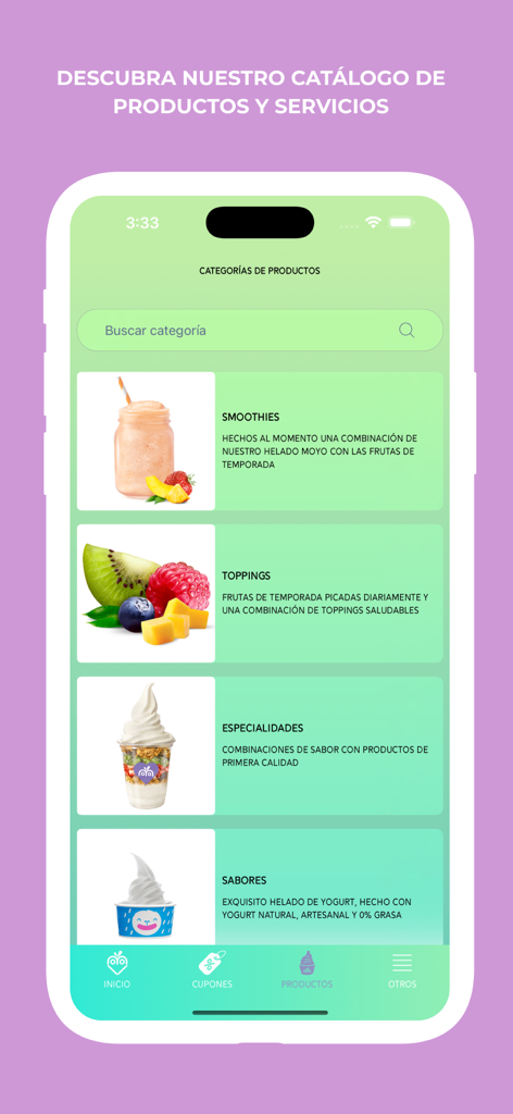 Moyo Costa Rica App Produktkatalog-Bildschirm mit Smoothies, Toppings und Joghurt-Kategorien