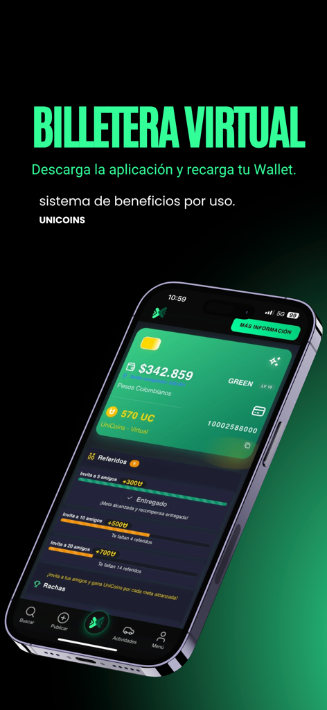 Pantalla de la billetera virtual de la aplicación Cupo mostrando el saldo de la cuenta y las recompensas por referidos