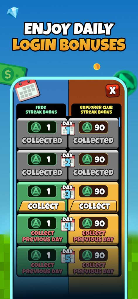 Interface of the Atlas Earth app displaying daily login bonuses and streak rewards for users.