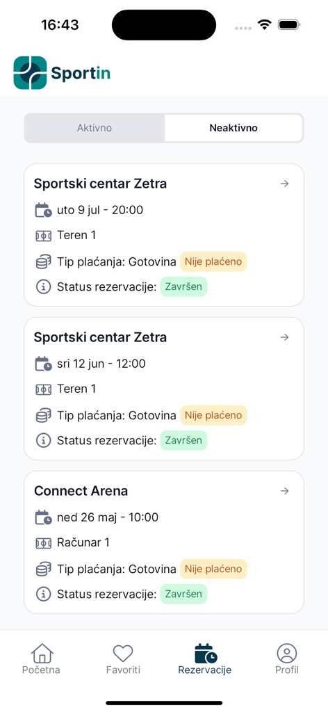 A mobile app screen showing a list of past sports court reservations with details like venue name date and status