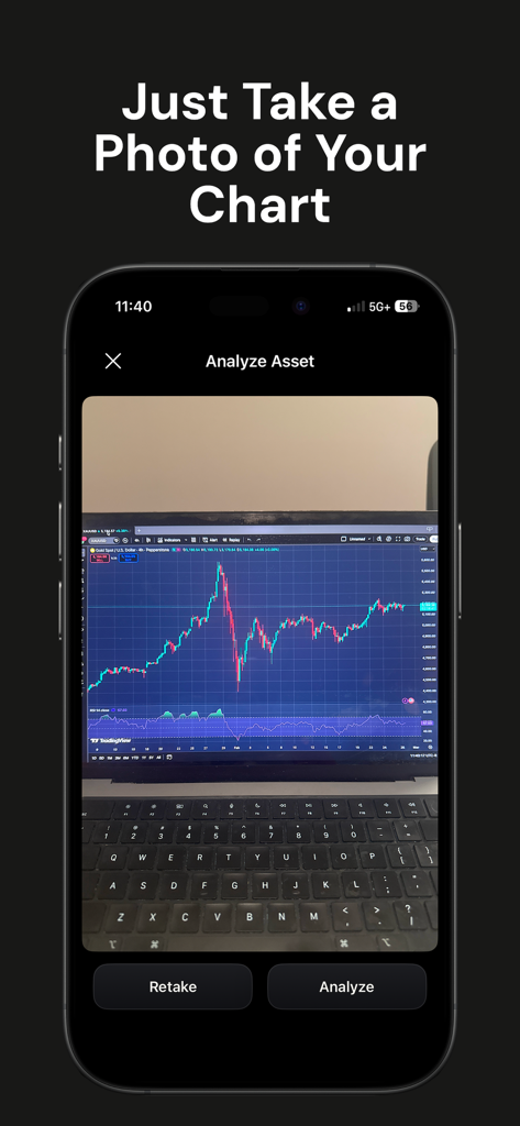 SnapTrade: AI Trading Bot - SnapTrade mobile app capturing a photo of a stock trading chart for AI analysis.