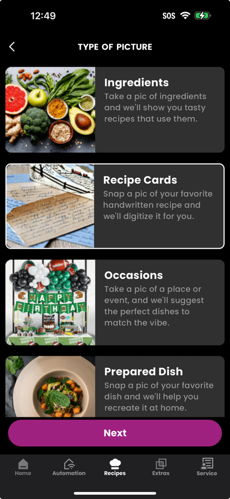 SmartHQ app interface showing AI recipe selection options including ingredients recipe cards and occasions