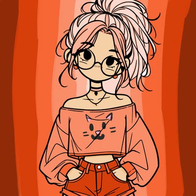 girl with a messy ponytail glasses a baggy crop top and jean shorts