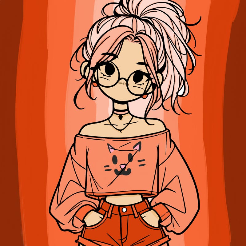 girl with a messy ponytail glasses a baggy crop top and jean shorts