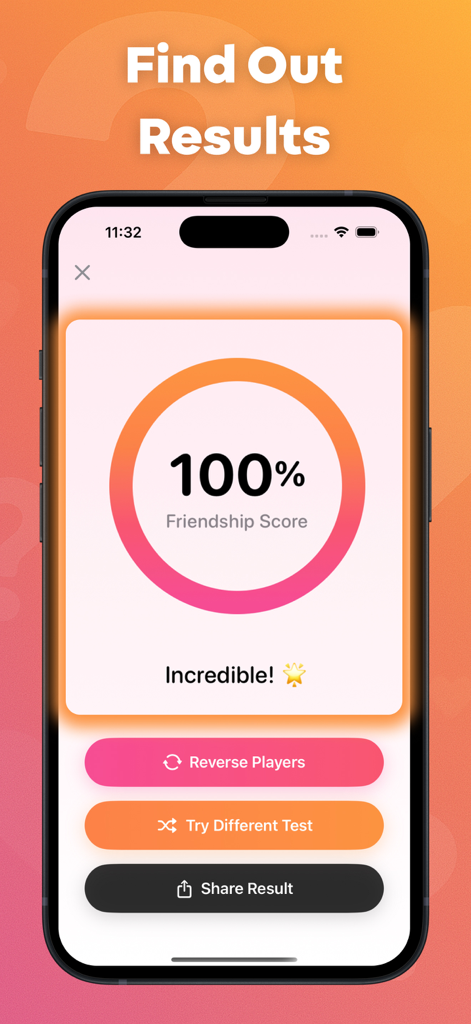 Who Knows Me Better ? - Smartphone screen showing a 100 percent friendship score result in the Who Knows Me Better app with options to share or try another test