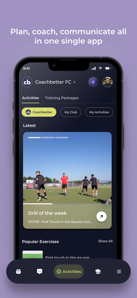 coachbetter - Coachbetter mobile app dashboard showing soccer drills and training activities for coaches