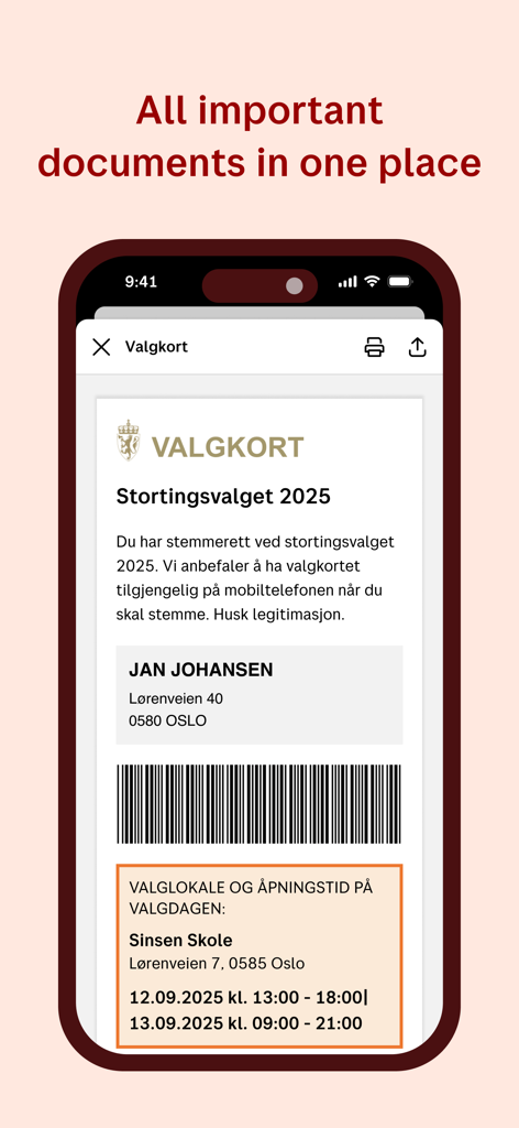 Digipost - Una tessera elettorale digitale per le elezioni parlamentari norvegesi del 2025 visualizzata sull'app Digipost.