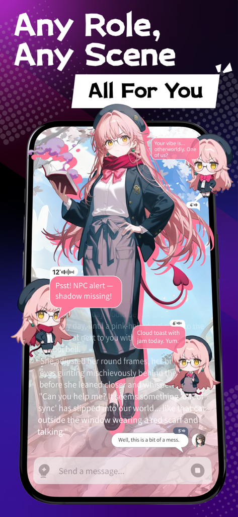 Un écran mobile montrant une interface de chat avec un personnage IA de style anime et des dialogues de jeu de rôle dans l'application Rubii