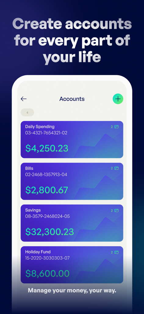 Emerge: Money Made Easy - Emerge app screen displaying multiple custom bank accounts for personal budgeting