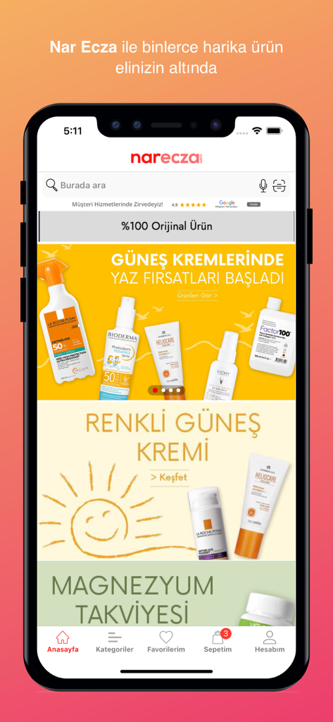 Nar Ecza - Nar Ecza app home screen showing dermocosmetics and sunscreens