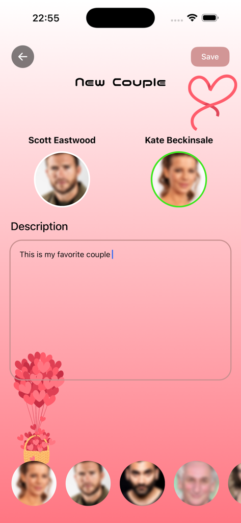Magis TV & Movie Vault - Interface of the Magis TV app showing the creation of a new favorite movie couple featuring Scott Eastwood and Kate Beckinsale
