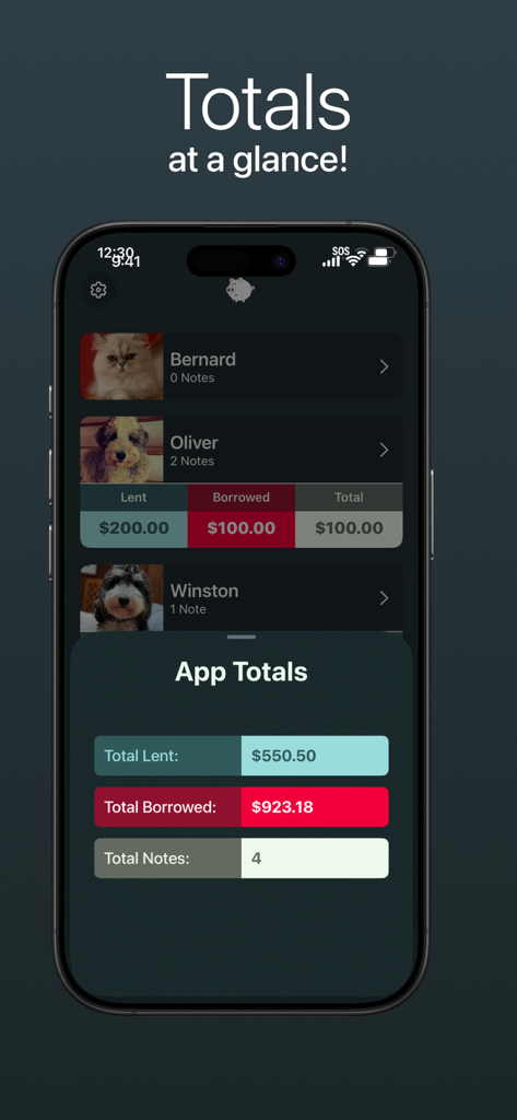 owed + - Interfaccia dell'app Owed plus che mostra un riepilogo del totale di denaro prestato e preso in prestito
