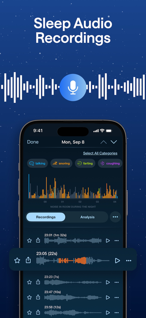 Sleep app interface showing night audio recordings with noise level charts and categorization for snoring and talking.