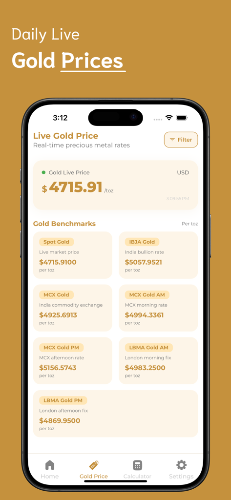Gold Identifier - Smartphone interface showing daily live gold prices and global market benchmarks