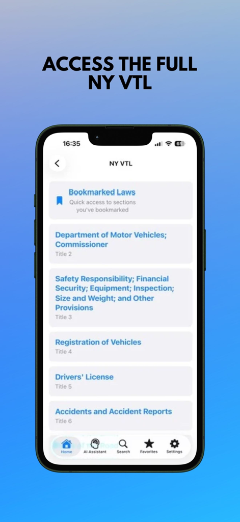 NY VTL app screen showing New York Vehicle and Traffic Law titles