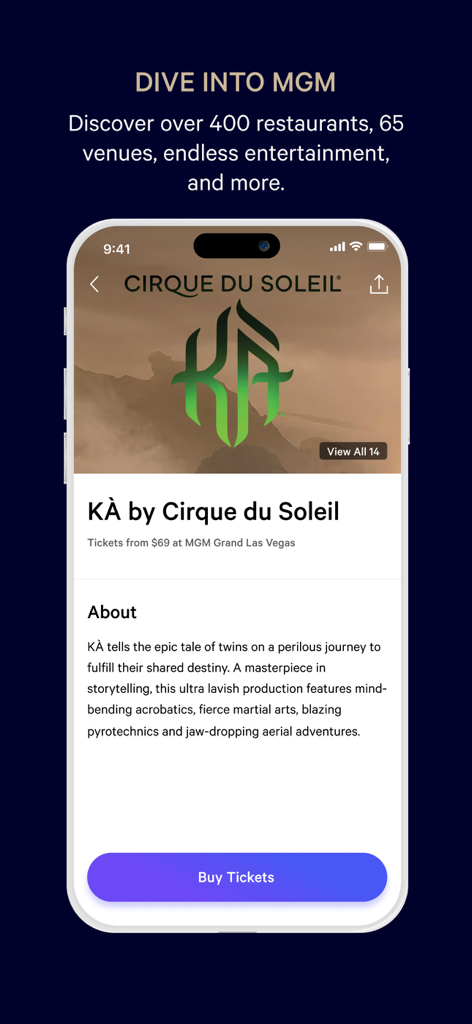 Interface do aplicativo MGM Rewards mostrando detalhes de shows e um botão de reserva de ingressos para o Cirque du Soleil