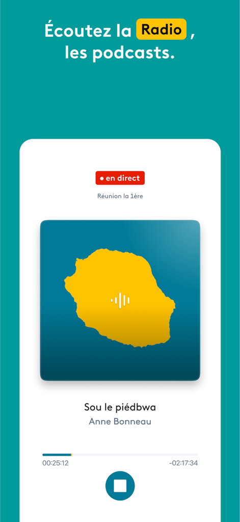 La 1ère : info, TV et radio - Écran du lecteur radio en direct sur l'application mobile La 1ère pour la station Réunion 1ère, affichant une carte de l'île et le titre de la chanson
