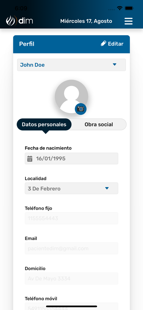 DIM SALUD Turnos y Resultados - Schermata del profilo utente dell'app mobile DIM SALUD che mostra i campi delle informazioni personali