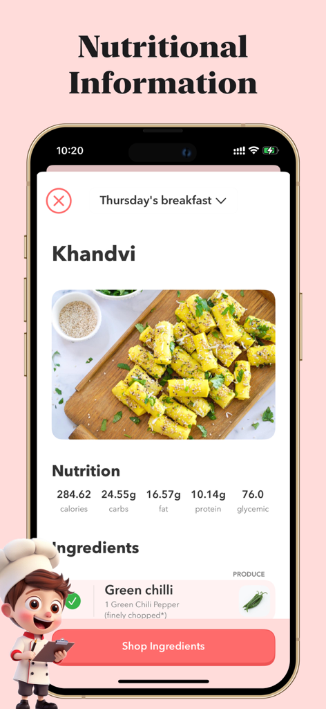 Plat – AI Meal Planner - Informazioni nutrizionali per la cucina indiana nel Plat AI Meal Planner che mostrano calorie e macronutrienti.