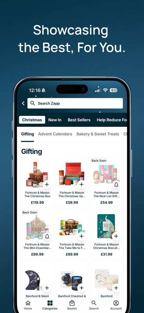 Zapp – 24/7 Drinks & Groceries - Interface of the Zapp app showcasing a curated selection of luxury Christmas gifts and hampers from premium brands like Fortnum and Mason.