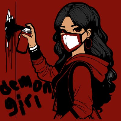 realistic girl with mask spray painting a wall