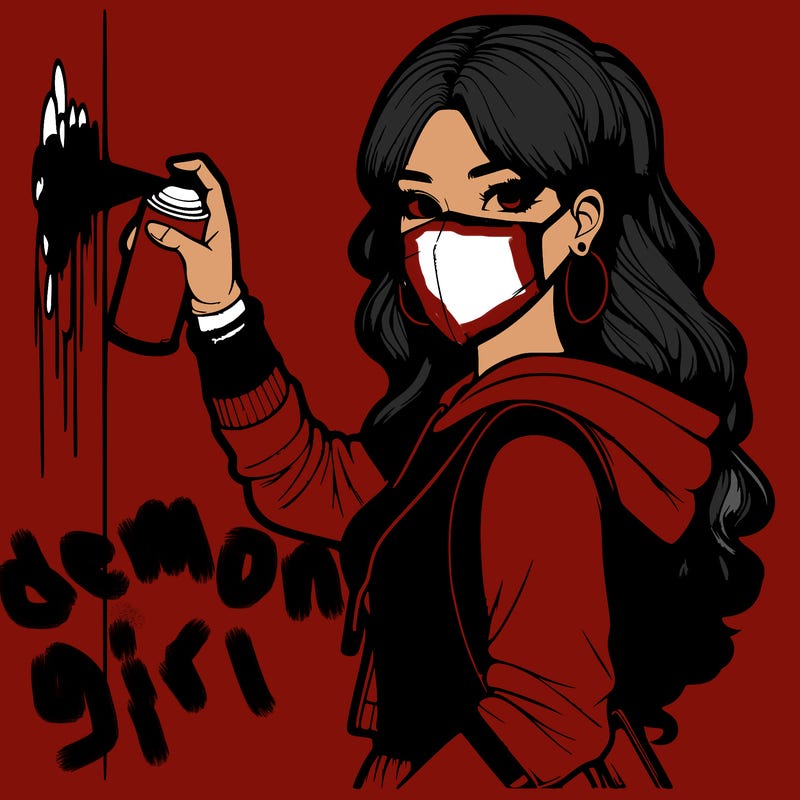 realistic girl with mask spray painting a wall