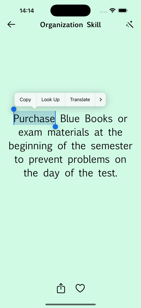 Mobile app screen showing a student organization tip for exam preparation