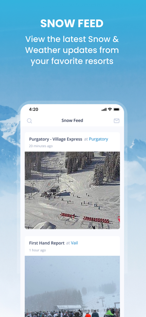 Tela do aplicativo OnTheSnow mostrando feed de neve ao vivo com webcams de resorts e relatórios em primeira mão