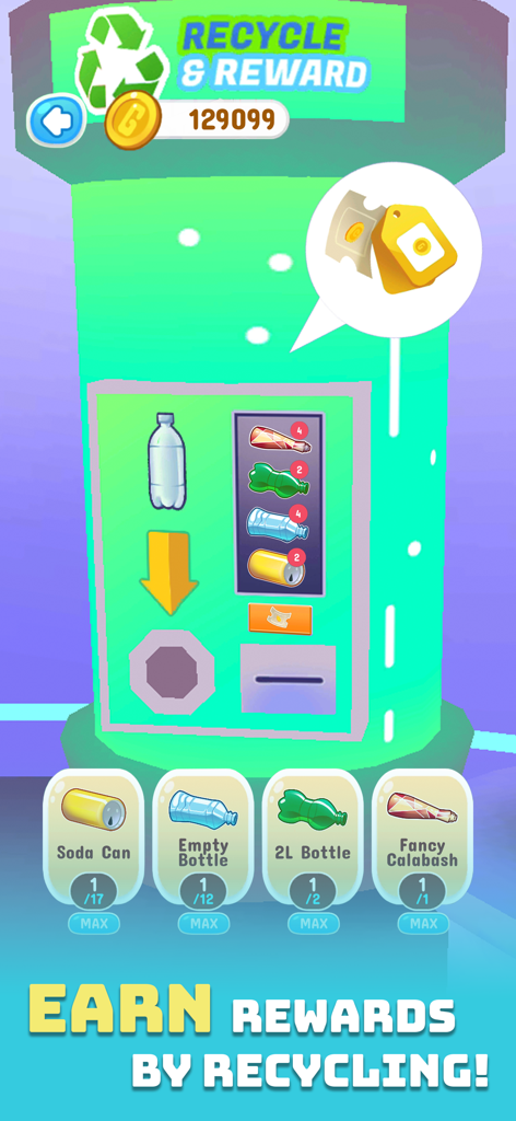 Bumi: Next stop, Earth! - A gameplay screen from Bumi Next stop Earth showing a recycling machine where players can sort bottles and cans to earn rewards.