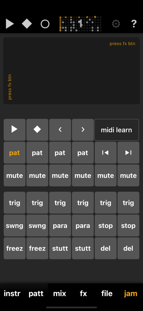 Elastic Drums - Elastic Drums app jam mode screen with performance buttons and effects triggers