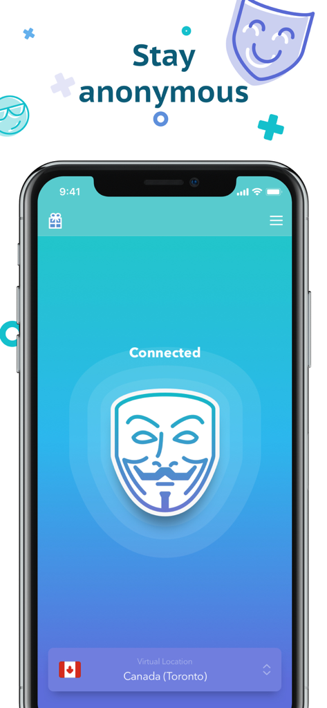 Secure VPN & Proxy by Snowd - Secure VPN app interface showing a connected status with an anonymous mask icon and Canadian virtual location.