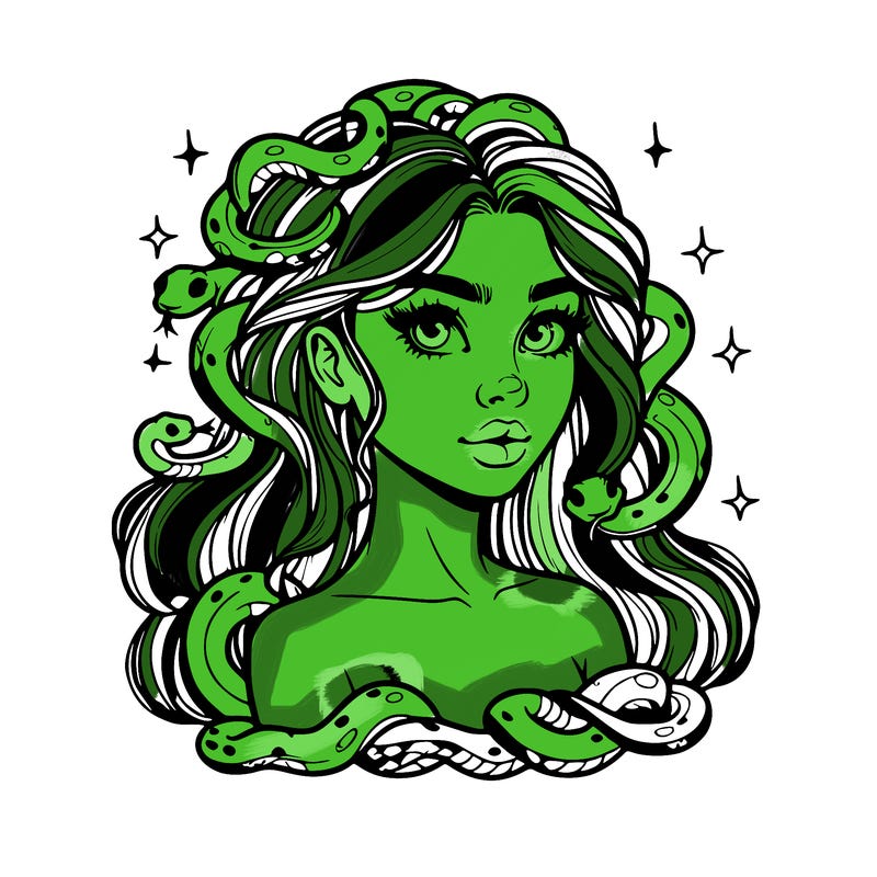 realistic girl with snakes as hair