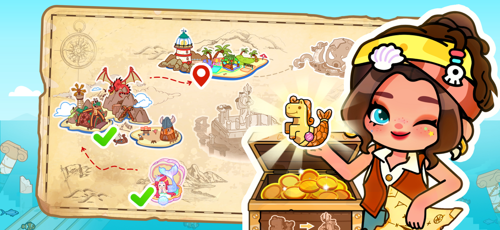 A pirate character holding a seahorse trophy in front of an open treasure chest and an adventure map with various fantasy locations.