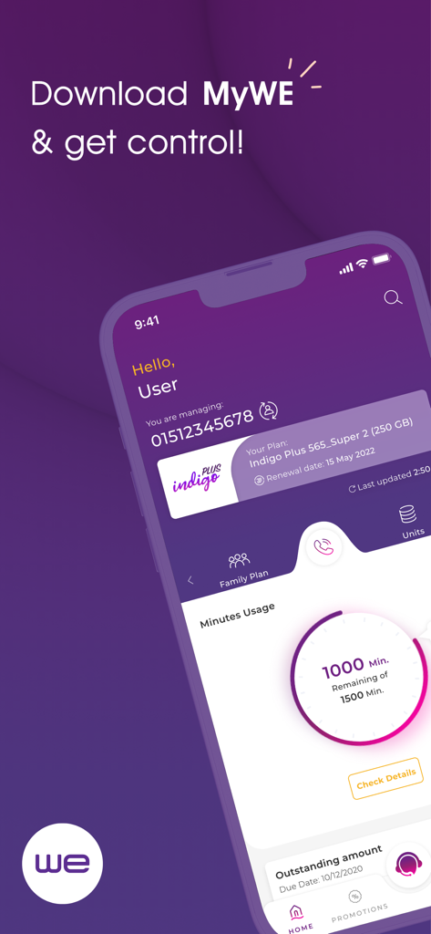 Interface of the My WE app showing account usage and plan details