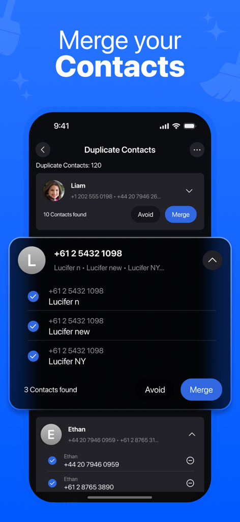 Una pantalla de aplicación móvil mostrando opciones para fusionar y limpiar contactos duplicados en un iPhone.