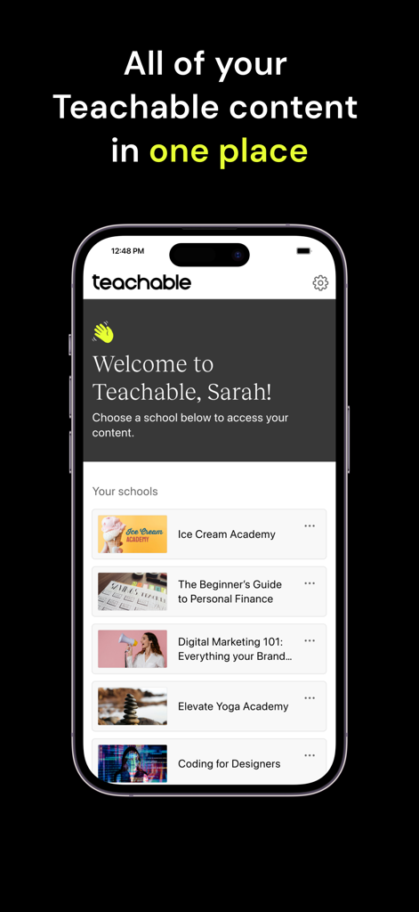 Teachable mobile app home screen showing a personalized welcome and a list of enrolled online courses