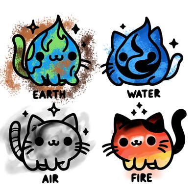4 cats that represent the different elements, earth, water, air, and fire