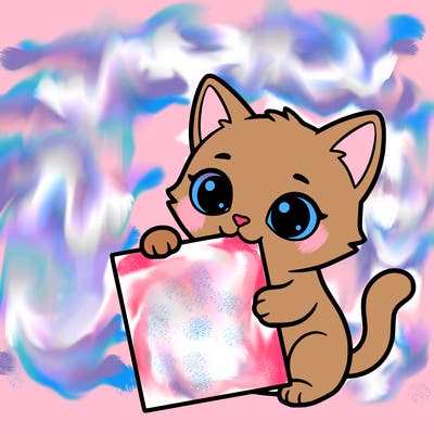a small cat with a blank sheet of paper in its hand. the cat is sooooooo cute!