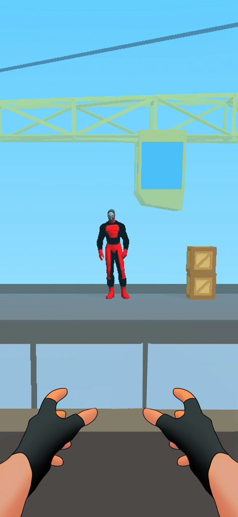 Hero adventure: catch enemies - First person view of a superhero aiming at a villain in a red and black suit on a city rooftop ledge